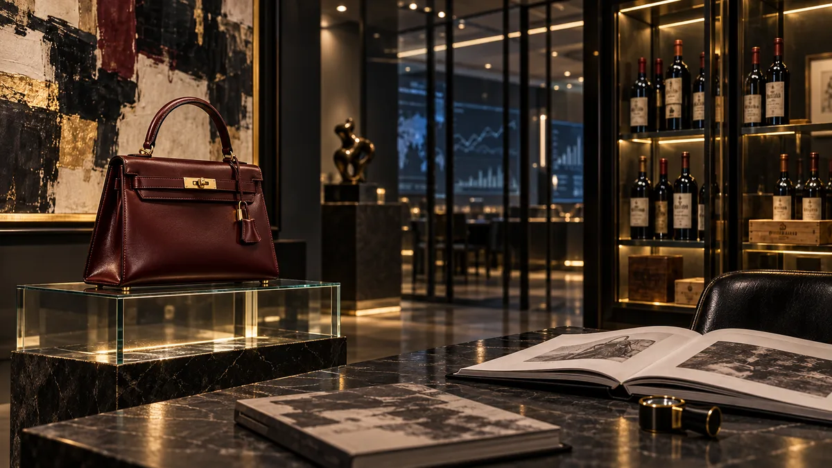 AI-generated editorial illustration of a burgundy handbag, fine art and wine in a secure auction preview gallery