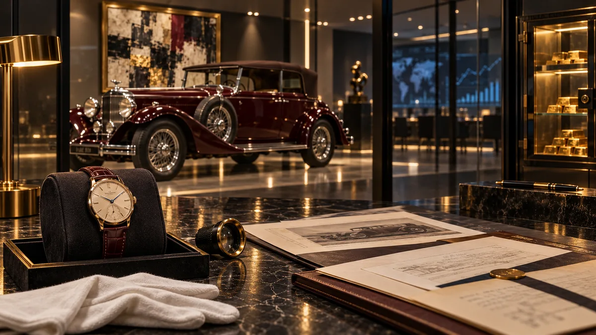 AI-generated editorial illustration of a mechanical watch, classic automobile and provenance records in a secure collector gallery
